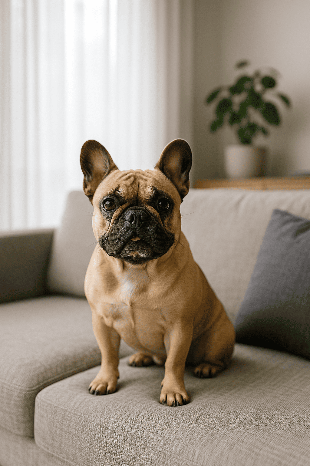 French Bulldog color beige sentado en un sofá gris dentro de un departamento moderno con luz natural y una planta decorativa de fondo.